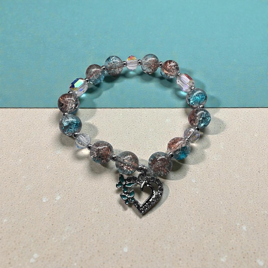 Bohemian Style Ombre Murano Glass & Crystal Heart Charm Bracelet.