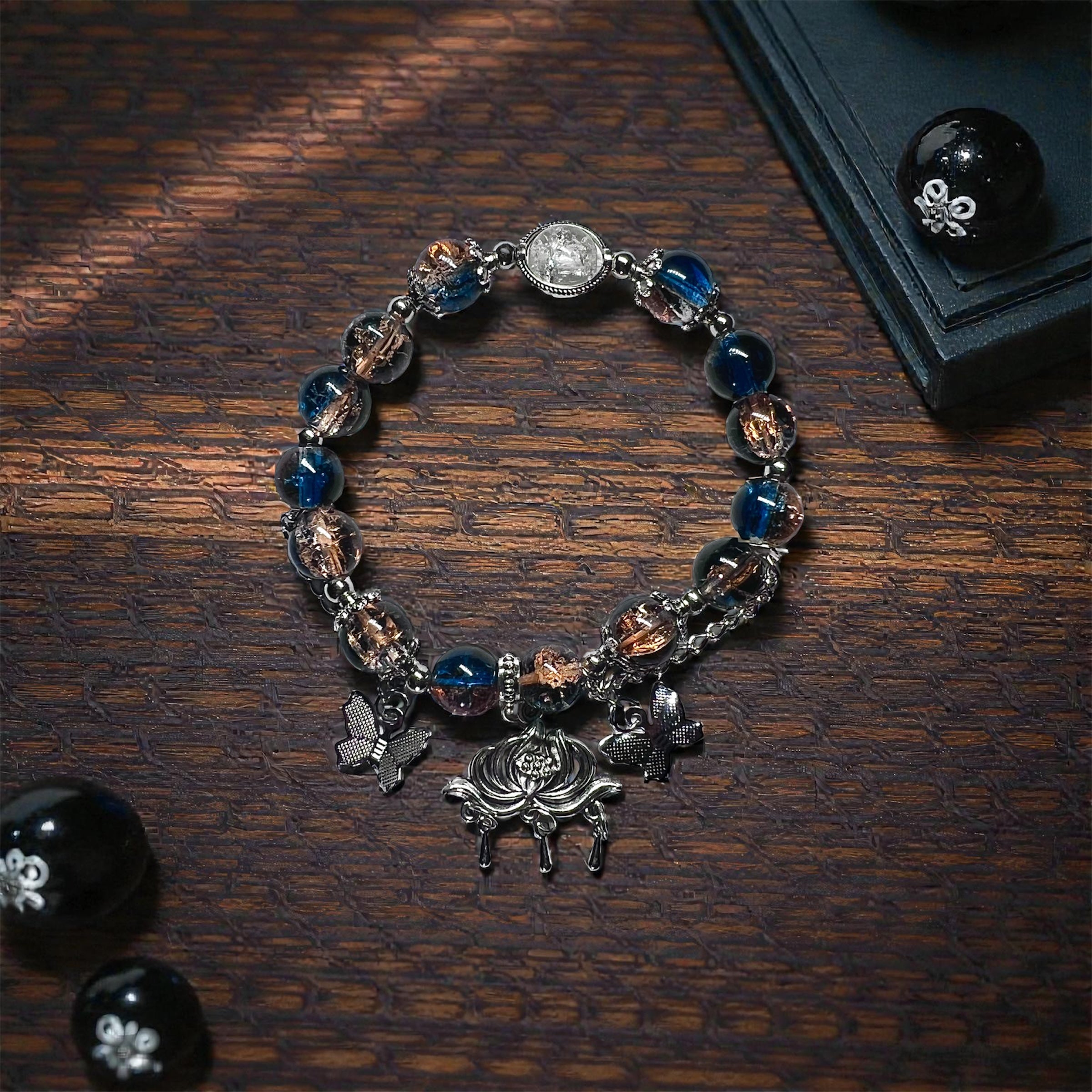 Bohemian Glass Bead Bracelets Set, Boho Tribal Style with Lotus, Feather, Butterfly.