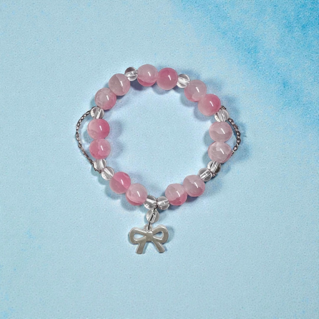 "Bow" Beaded Bracelet (Bubblegum)
