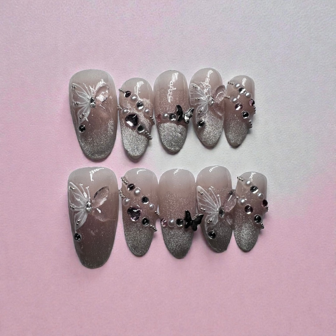 Pink Cat Eye French 3D Butterfly Pearl Crushed Diamond.
