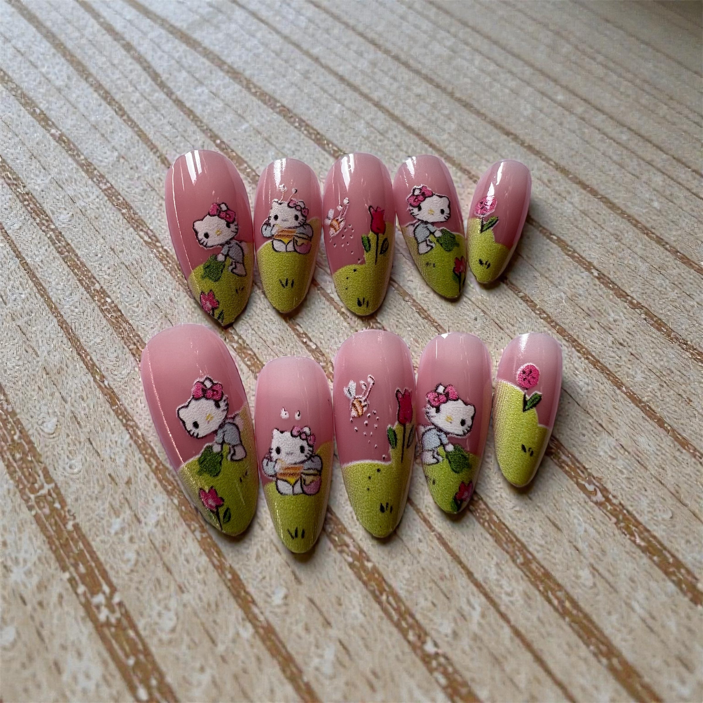 Hello Kitty Colorful Sunflower Bee Pattern Green French.