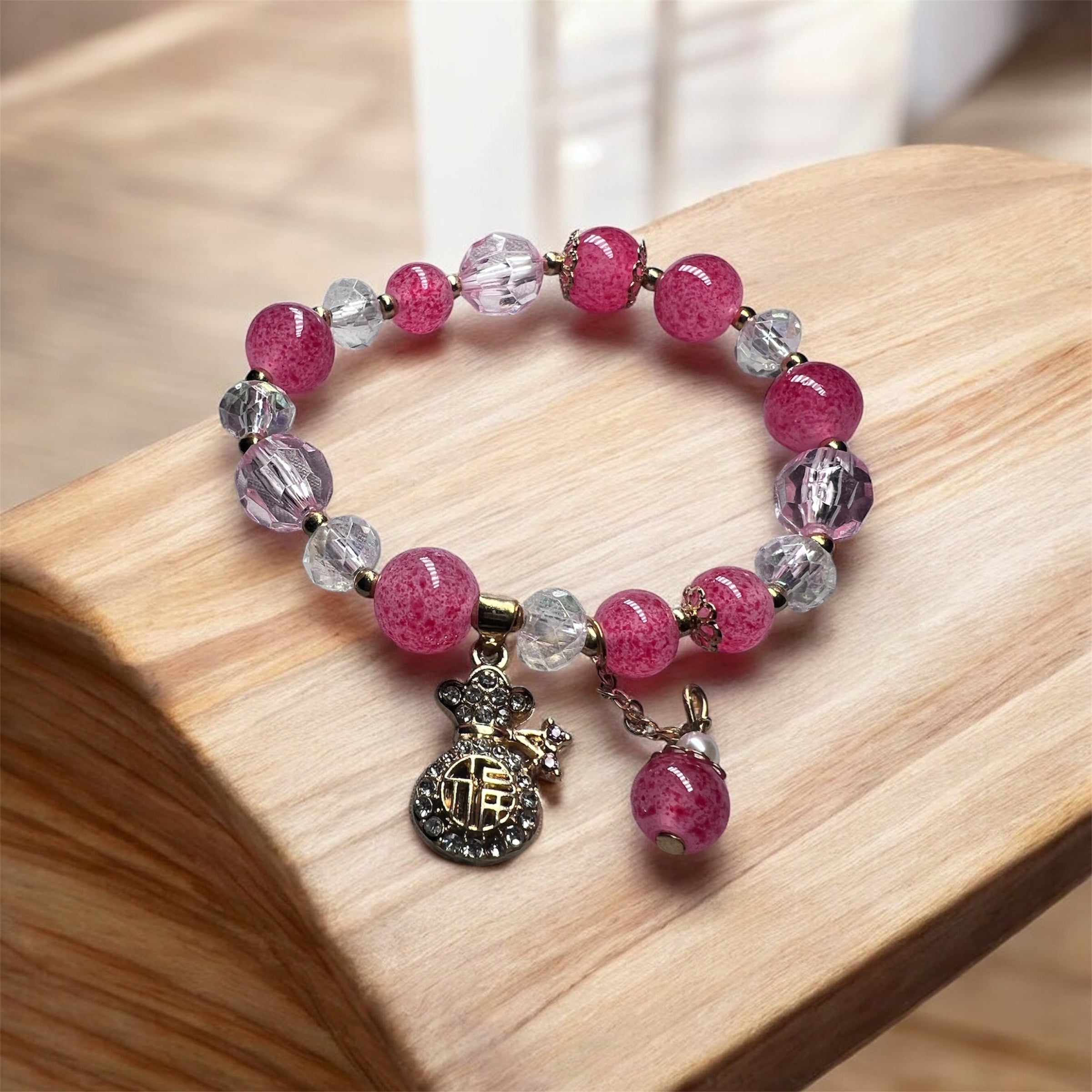 Strawberry crystal glass bracelet, blessing bag pendant