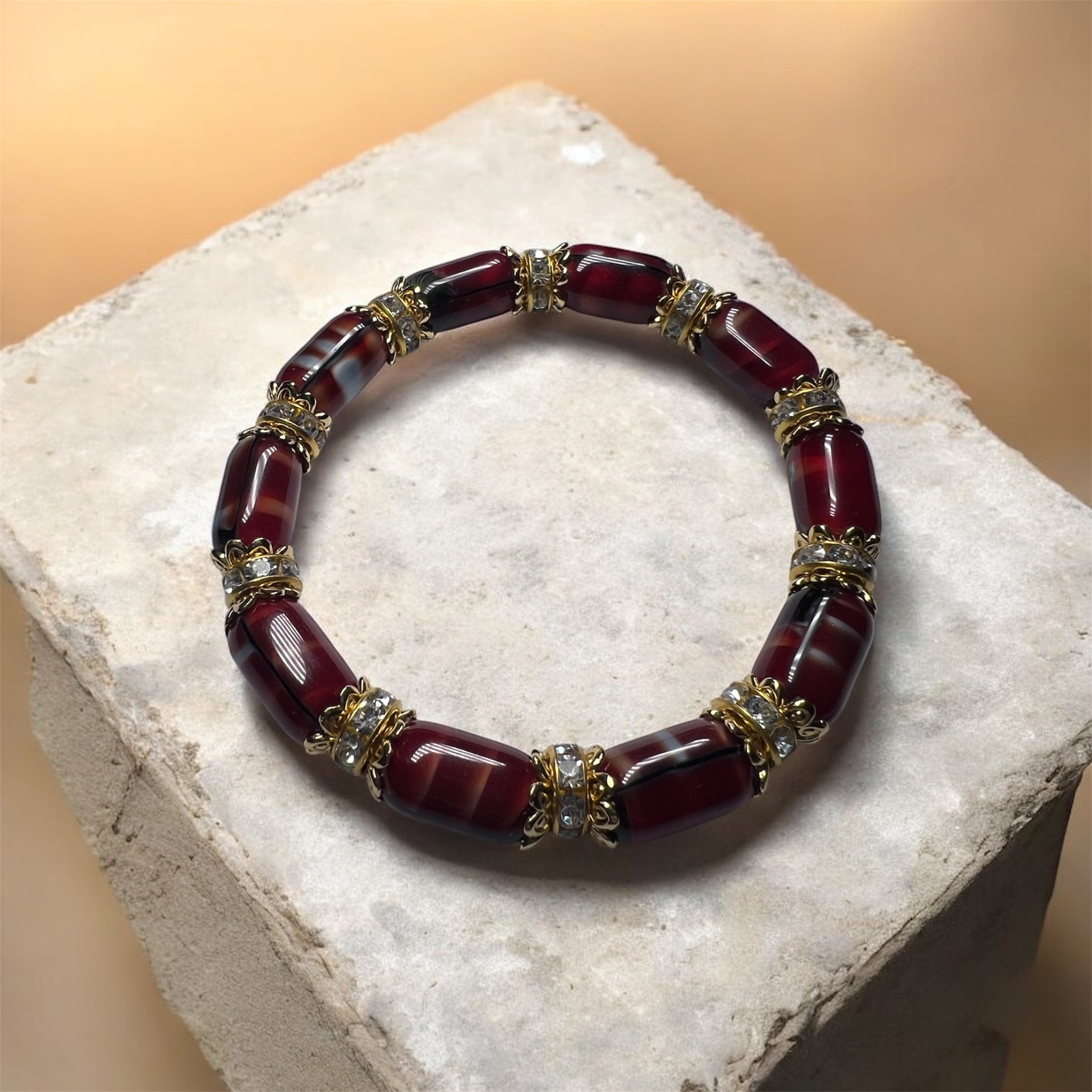 Red Black Glass Beads with Gold Rhinestones