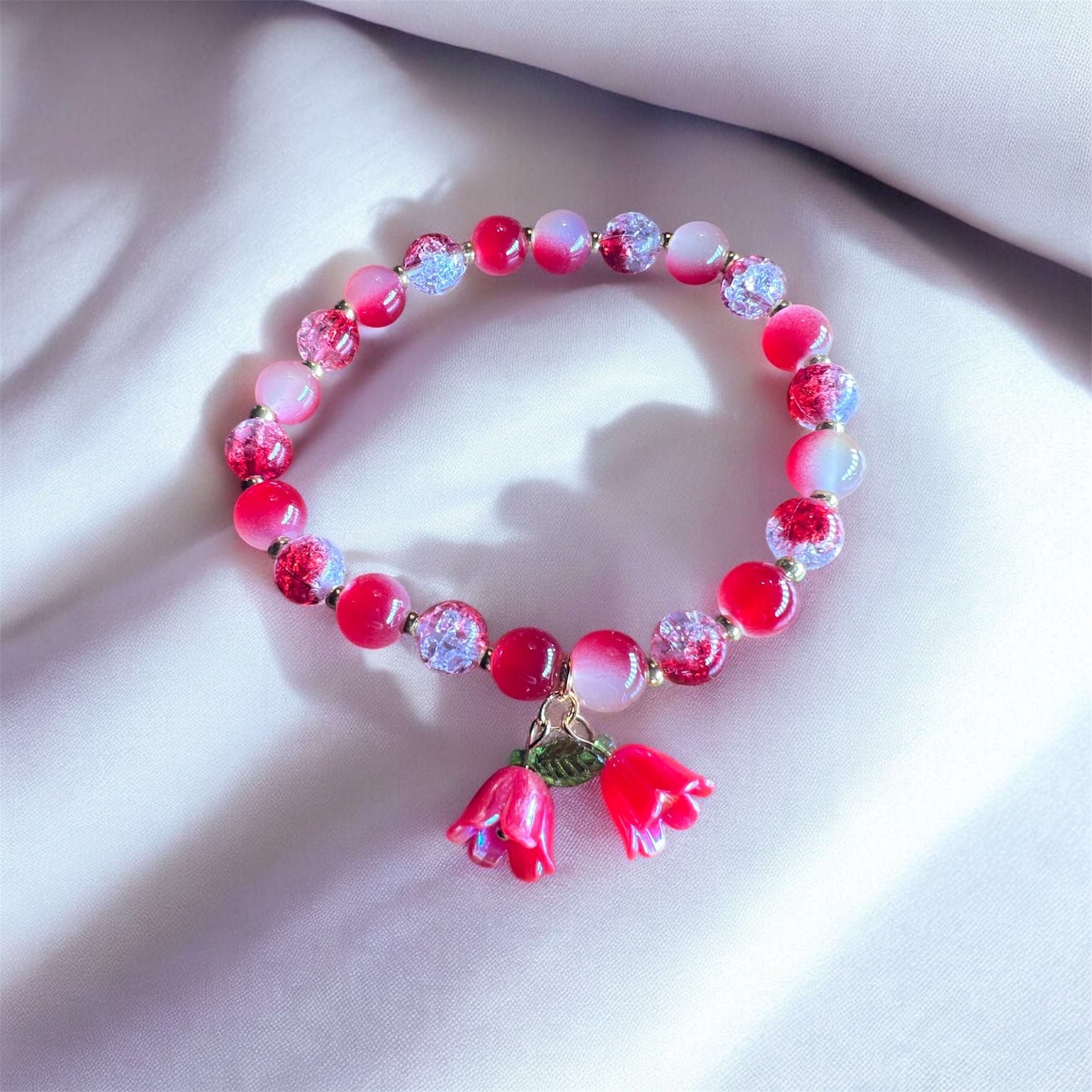 Cracked Red Glass Beads with Flower Charm