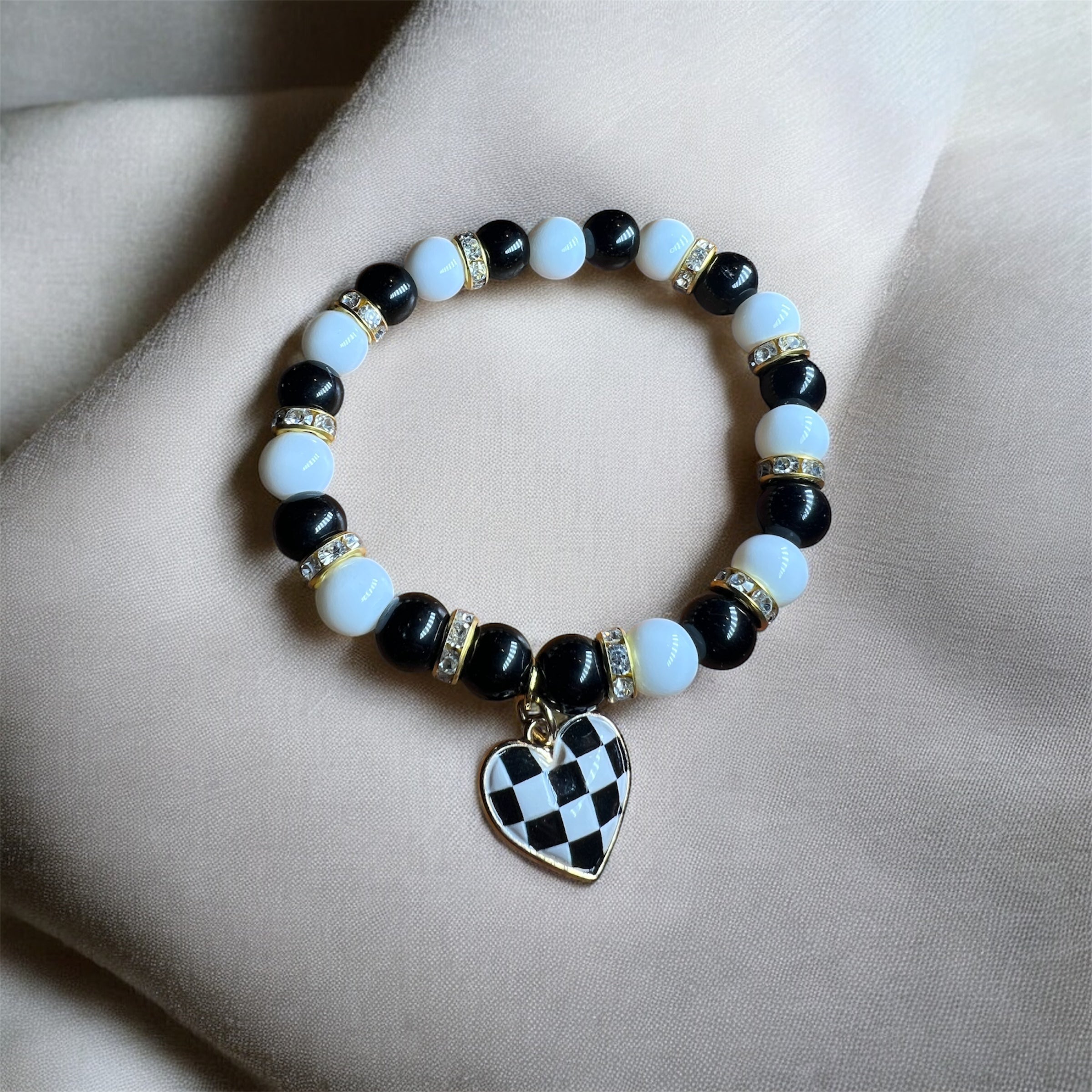 Black and White Glass Beads with Heart Charm